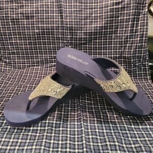Olivia Miller Rhinestone Wedge Thong Flip Flop New Navy Size 7